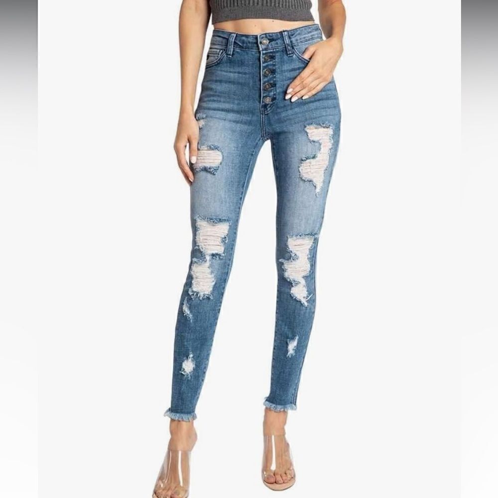 KanCan Heavily Distressed High Waist Buttonfly Midwash Fringe Hem Skinny Jeans